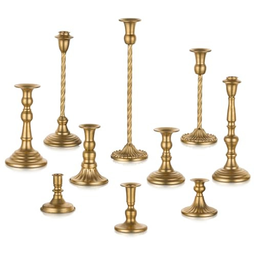 Candeldo Candlestick Candle Holders Gold: Tall Taper Candles Stick Holder Wedding Decor Set of 10 Dinning Table Centerpiece Vintage Metal Candle Stand | Amazon (US)