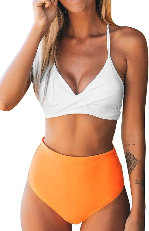 CUPSHE Women's White Orange V Neck Twist High Waisted Bikini Sets | Amazon (US)