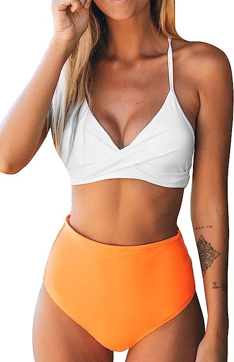 CUPSHE Women's White Orange V Neck Twist High Waisted Bikini Sets | Amazon (US)