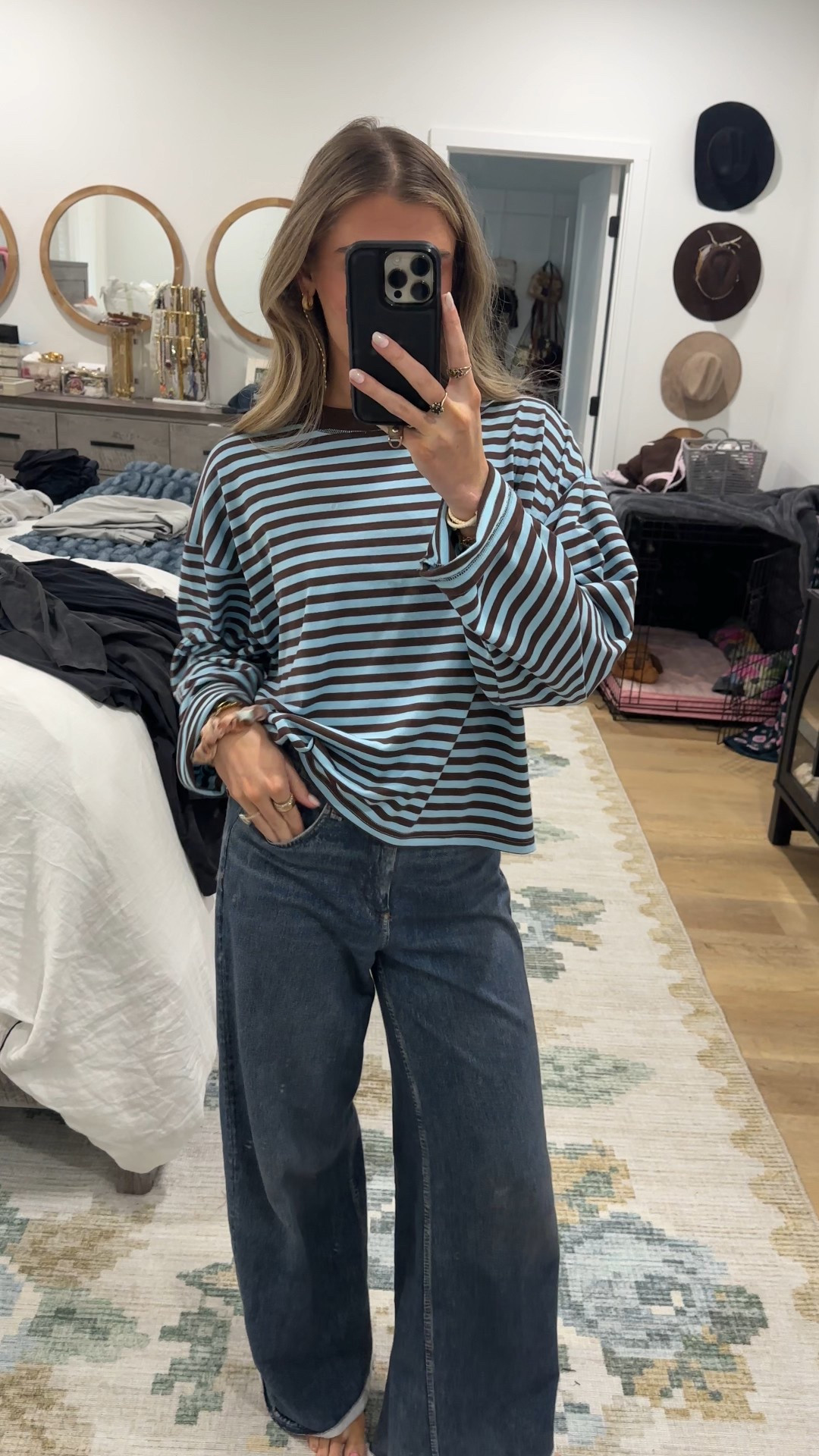 Casual Monday outfit. I wore my new amazon shirt size small it’s a free people look for Less CHYRII Women Oversized Striped Long Sleeve T Shirt Fashion 2026 Crewneck Casual Fall Spring Tops Y2K Clothes. With my rag and bone Miramar sweatpants denim jeans  

#LTKSeasonal #LTKootd #LTKgrwm