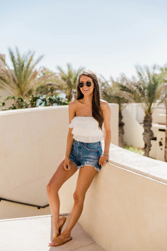 CAITLIN COVINGTON X PINK LILY The Honolulu Ruffle White Tube Top | The Pink Lily Boutique