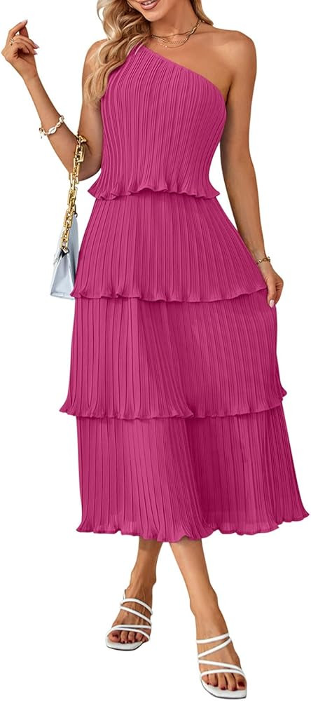 MEROKEETY Women's Summer One Shoulder Sleeveless Pleated Ruffle Tiered Layered Chiffon Party Dres... | Amazon (US)