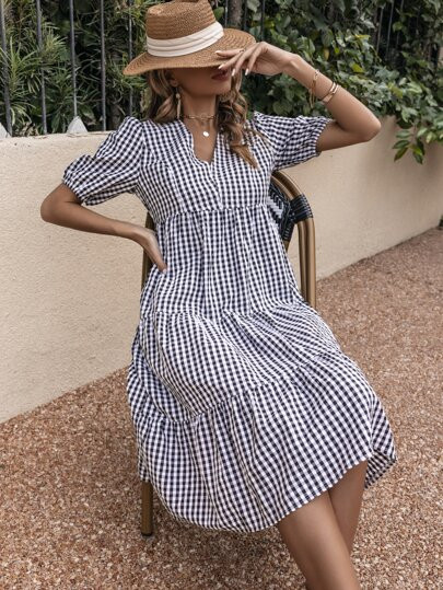Gingham Puff Sleeve Smock Dress | SHEIN