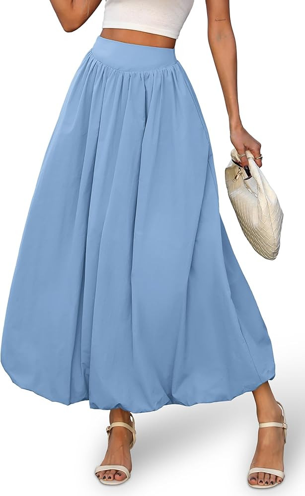 ELLEVEN Women's Bubble Maxi Skirt, Elastic Waist Puffy Hem A-Line Skirt with Pockets | Amazon (US)