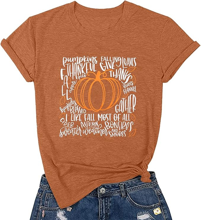 Pumpkins Tshirt Women Funny Thankful Tees Thanksgiving Gift Shirts Leaves Casual Graphic Short Sl... | Amazon (US)