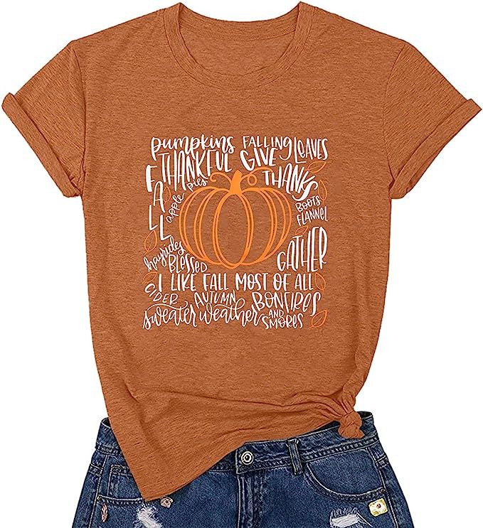 Pumpkins Tshirt Women Funny Thankful Tees Thanksgiving Gift Shirts Leaves Casual Graphic Short Sl... | Amazon (US)