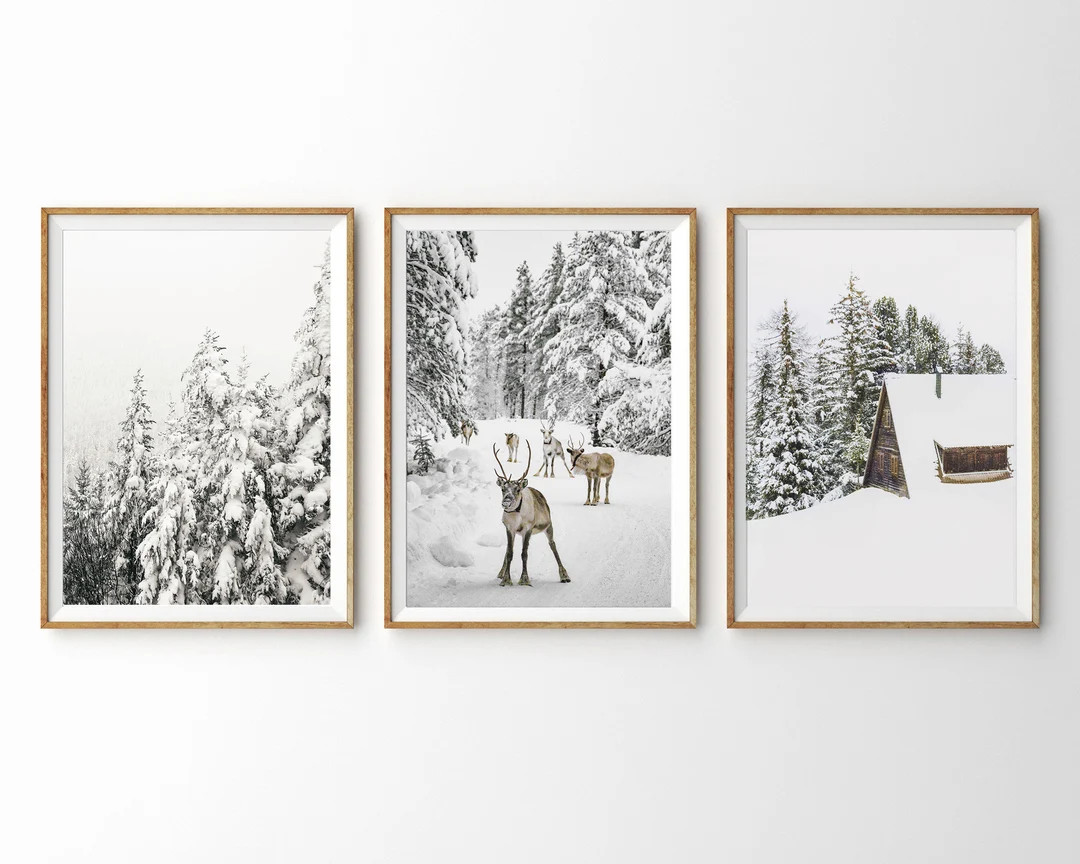 Holiday Decor Winter Set of 3 Prints Nordic Print Christmas Wall Art Snowy Pine Trees Rustic Chri... | Etsy (US)