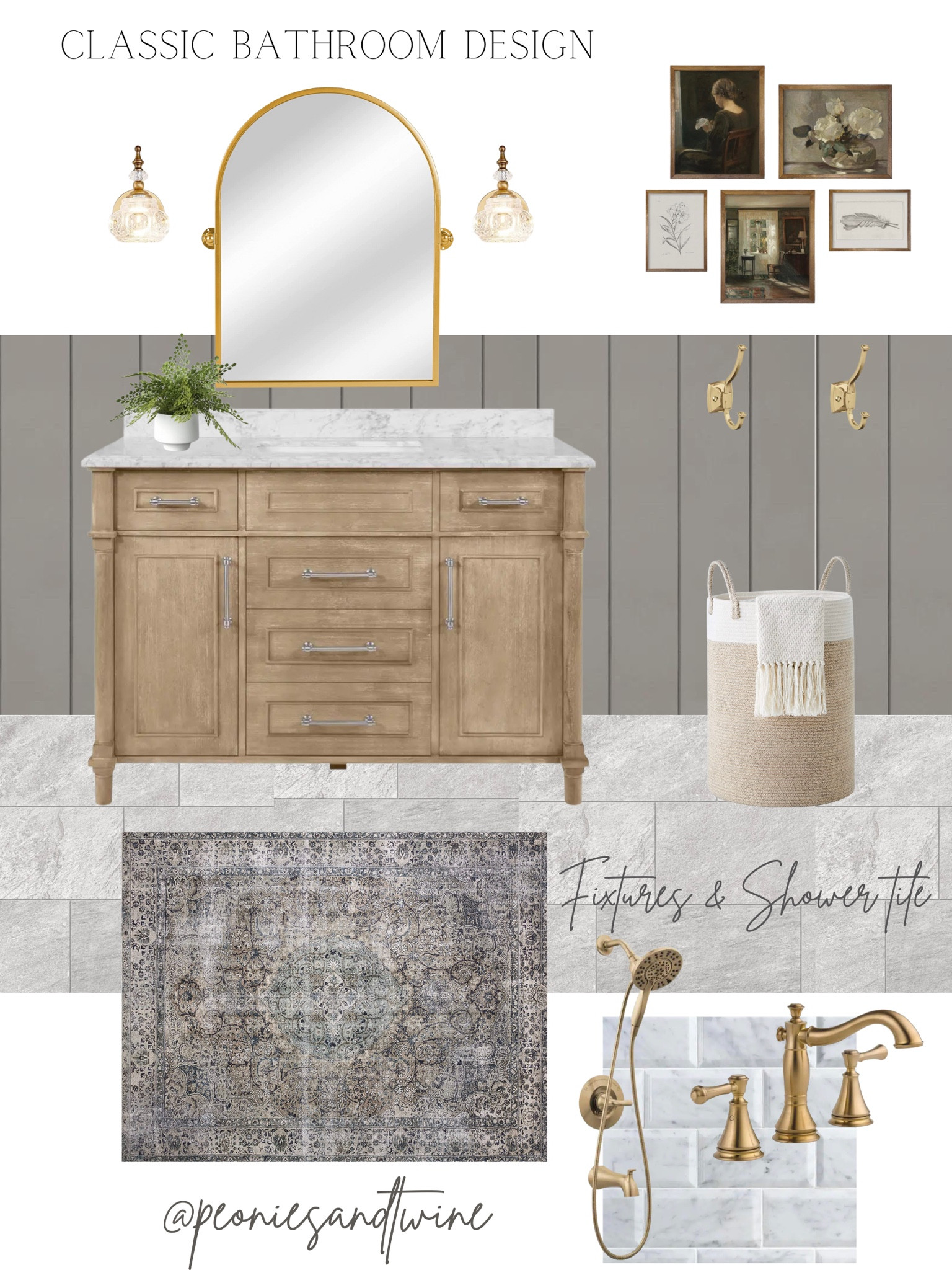 Classic neutral bathroom design
Carrara marble tile subway tile gold hardware vintage rug vintage style artwork 

#LTKhome