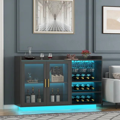 47.24'' Wine Bar Cabinet with LED Lights, Floating Coffee Bar with Glass Rack and Removable Wine Racks, Modern Buffet Sideboard with Storage Shelves, | Wayfair North America