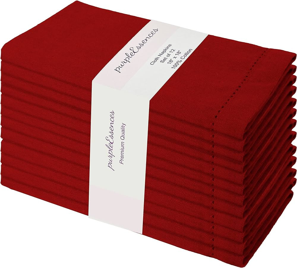 PurpleEssences Set of 12 Hemstitch Red Cloth Dinner Napkins 100% Cotton - Soft Durable Washable -... | Amazon (US)