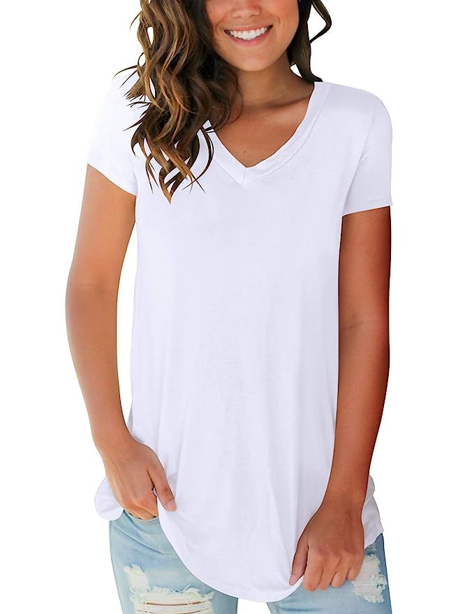 Women's Tops Short Sleeve V Neck T Shirts Summer Basic Tees with Pocket | Amazon (US)