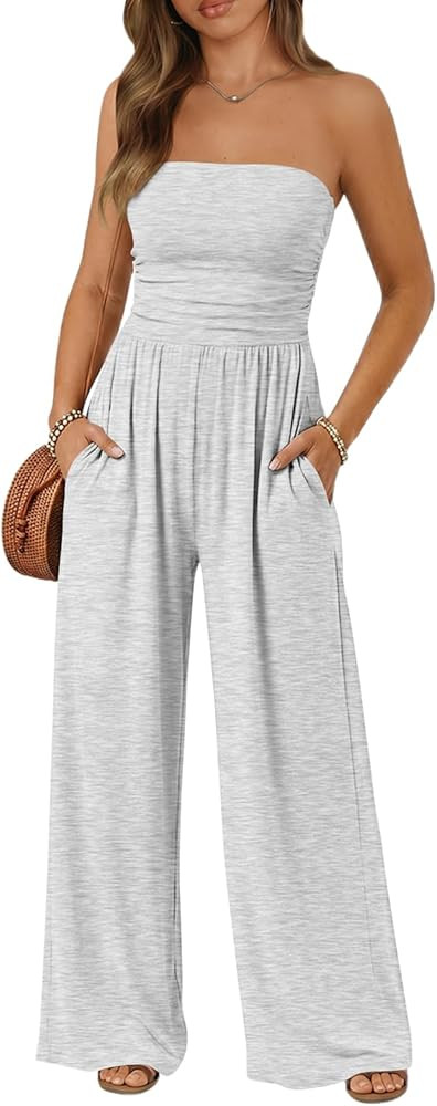 Trendy Queen Women's Casual Strapless Ruched Tube Top Jumpsuit 2026 Spring Summer Wide Leg Romper... | Amazon (US)