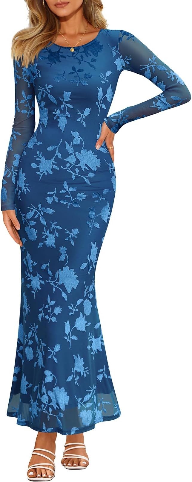 MEROKEETY Women's Fall Long Sleeve Maxi Dresses Bodycon Floral Mesh Sexy Wedding Guest Cocktail P... | Amazon (US)