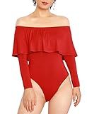 Cheapcotton Women's Bardot Neckline Ruffle Overlay Long Sleeve Bodysuit (S, Red) | Amazon (US)