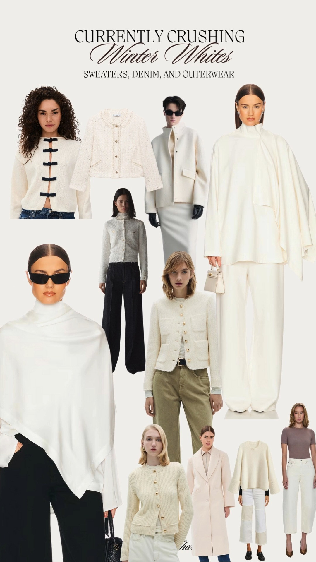 LOVE a winter white look! Here are some great winter white and cream sweaters, pants, jackets, outerwear, cardigans, and sets to carry you through the cold weather and into the spring! 

 