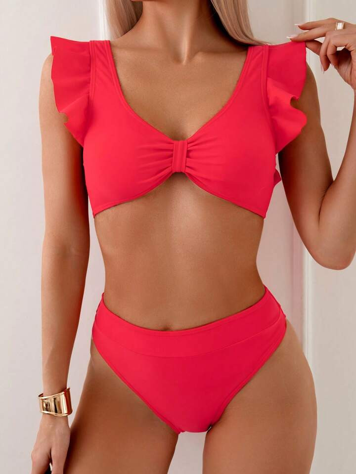 SHEIN Swim Summer Beach Ladies' Solid Color Ruffled Bikini Set | SHEIN