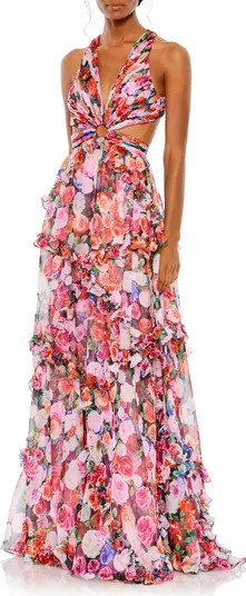 Floral Print Ruffle Cutout Gown | Nordstrom