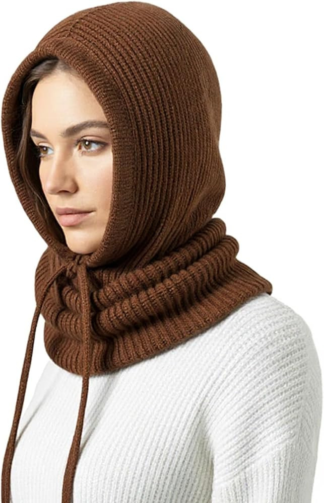 Hooded Scarf Balaclava for Women Men, Winter Knit Neck Warmer Hood Hat with Drawstring, Windproof... | Amazon (US)