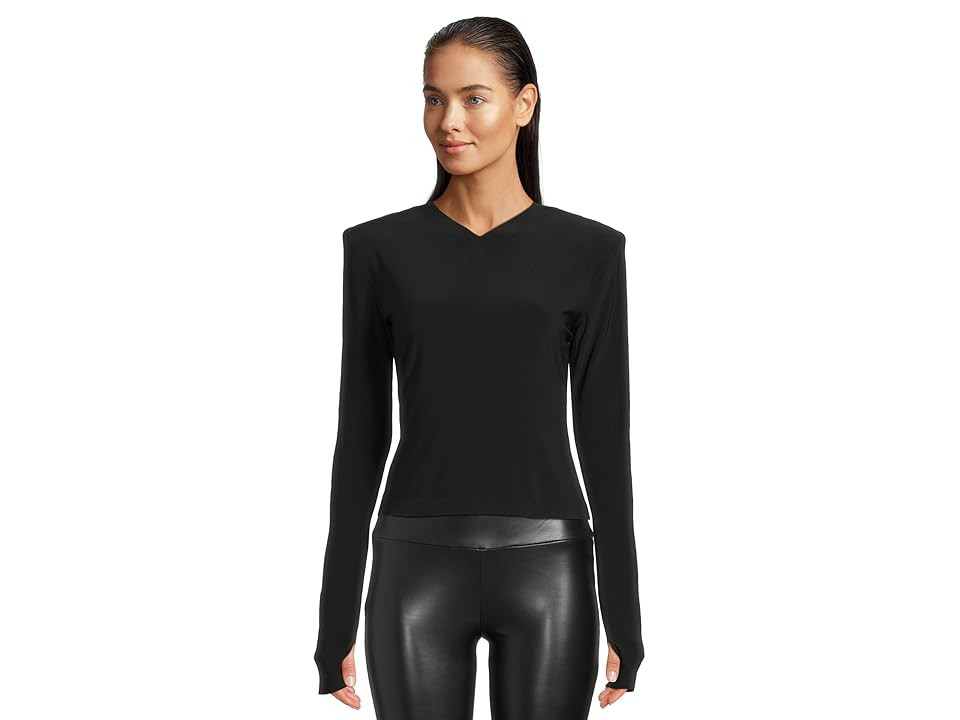 Norma Kamali Long Sleeve Shoulder Pad V-Neck Top Women's Clothing Black : MD (Women's 6), Polyester/Spandex | Zappos