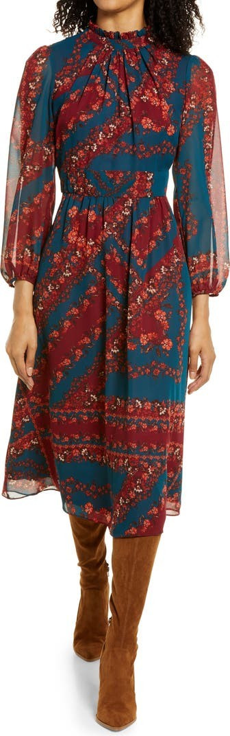 Floral Long Sleeve A-Line Midi Dress | Nordstrom | Nordstrom