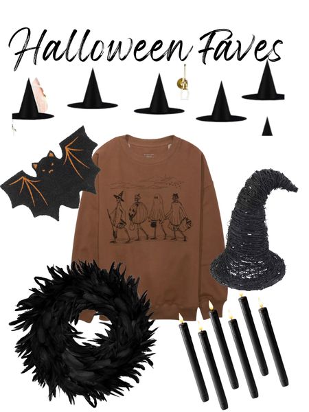 This weeks Halloween faves! 
Got these hanging witch hats for my dining room and love them! 🧙🏻‍♀️ 

Cute little bat doormat 🦇 

Looooove this sweatshirt 🦴 

Wicker witch hat 🧙 

Feather wreath 🪶 

Battery operated candles 🕯️ 

#LTKSeasonal #LTKHoliday #LTKHalloween