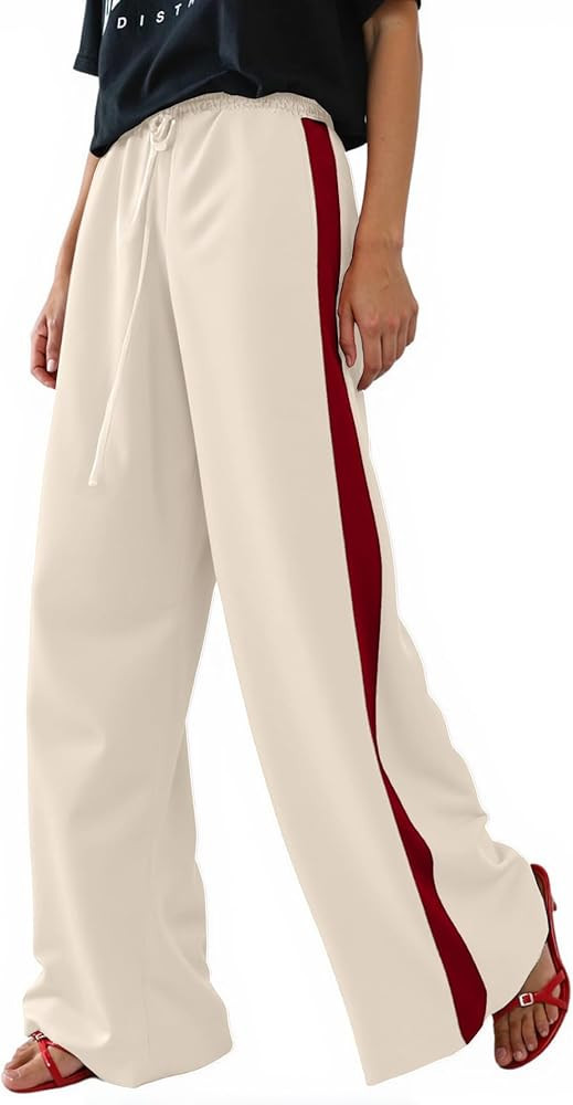 Women's Casual Pants Drawstring Leopard Print Color Block Side Striped Straight Leg Wide Leg Loos... | Amazon (US)