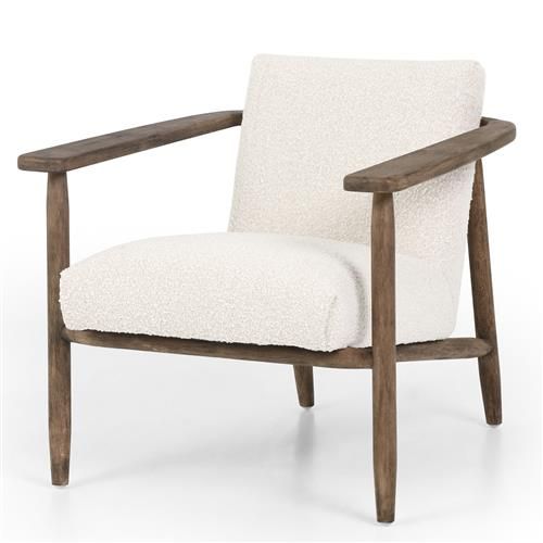 Arianne Rustic White Performance Boucle Brown Wood Occasional Arm Chair | Kathy Kuo Home