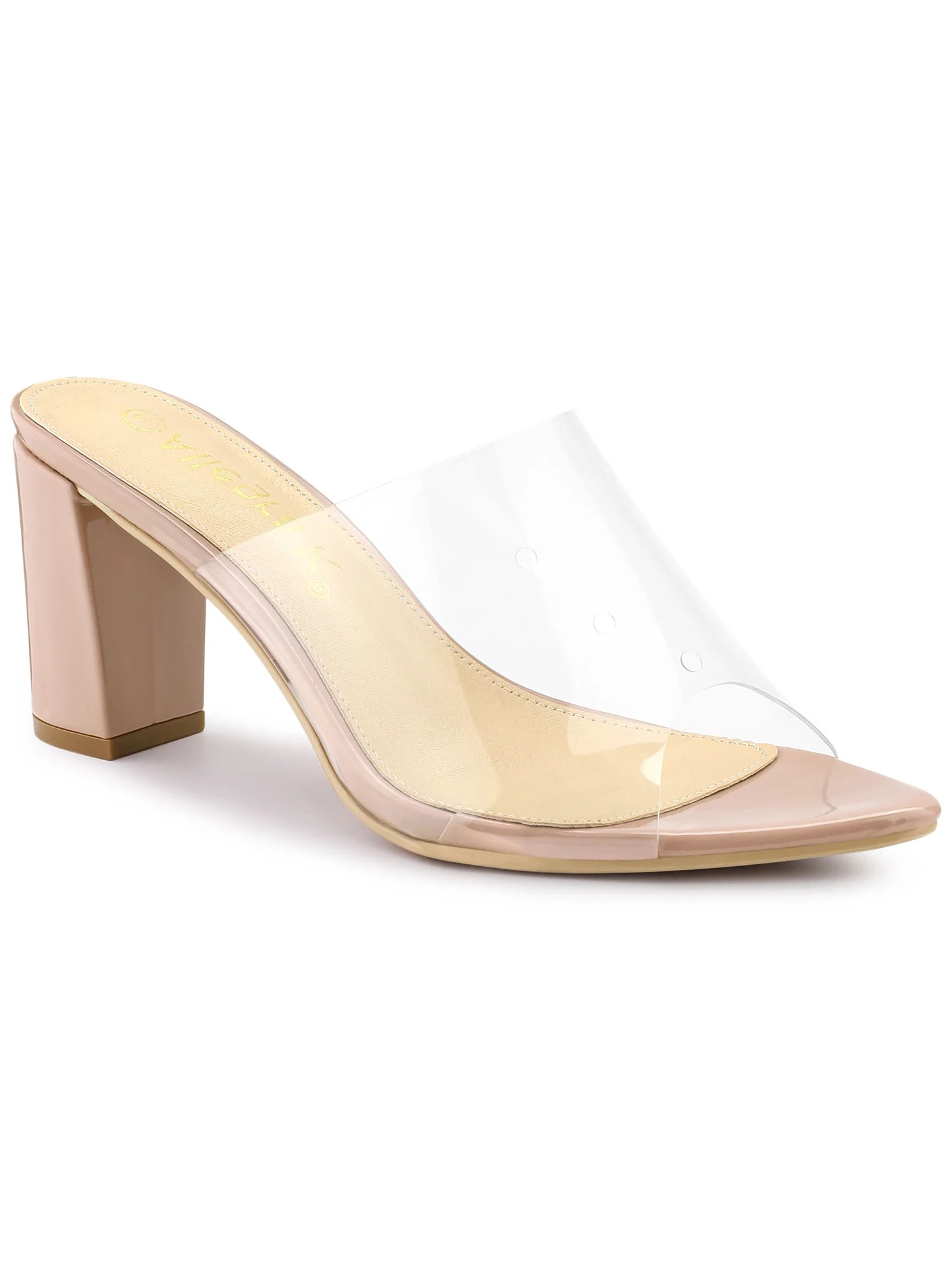 BLISSFUL STEP Women's Clear Point Toe High Block Heel Mules Slides Sandals Nude 7 | Walmart (US)