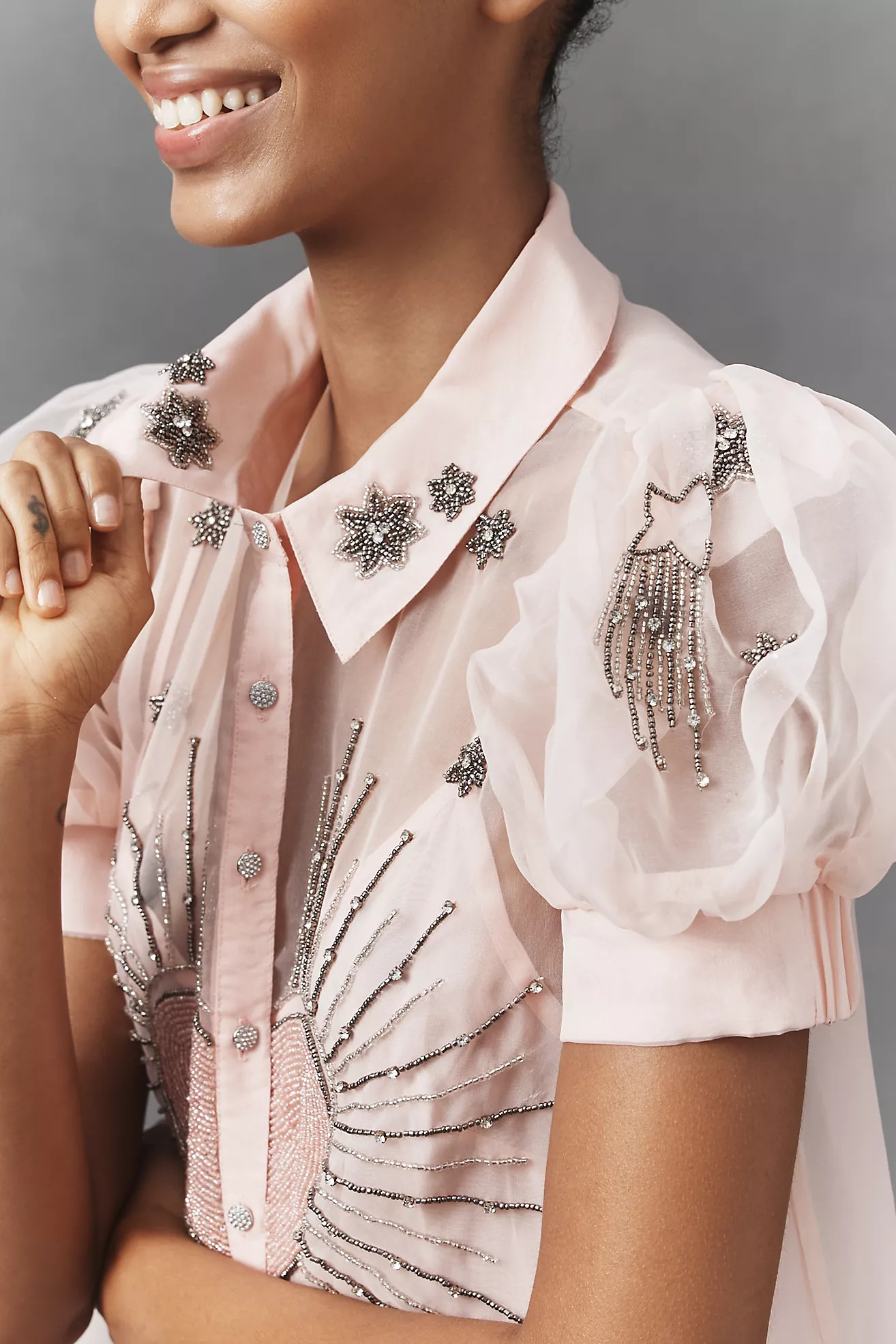 Maeve Short-Sleeve Embellished Mini Shirt Dress | Anthropologie (US)