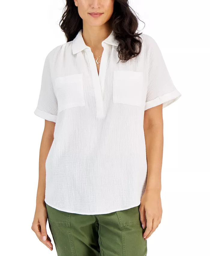 Women's Cotton Crinkle Gauze Split-Neck Top, Created for Macy's | Macys (US)