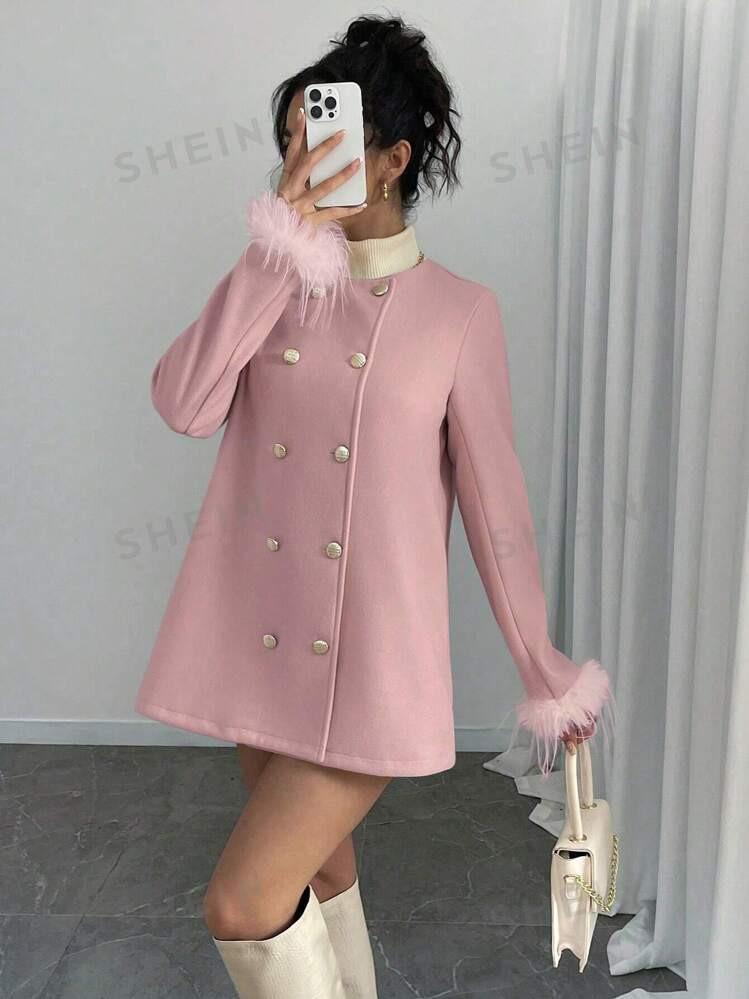 SHEIN Privé Women's Front Button Fuzzy Panel Long Sleeve Casual Jacket, Daily Wear | SHEIN