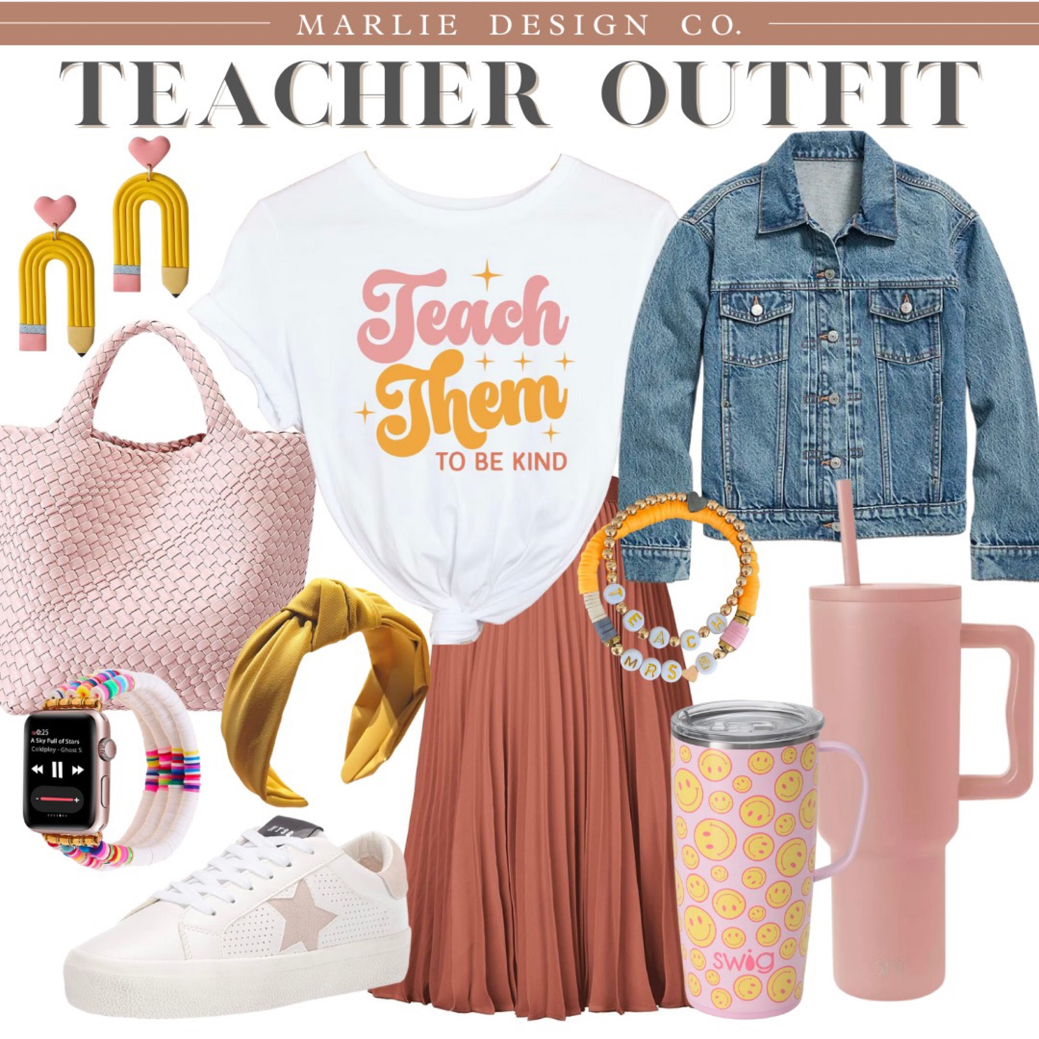 Teacher Outfit | teacher shirt | water bottle | travel mug | gifts for her | teacher gifts | fashion sneakers | midi skirt | woven leather bag | Apple Watch band | knotted headband | teacher earrings | demin jacket | Steve madder sneakers | teacher bracelets | fall outfit | fall outfit for teachers 

#LTKworkwear #LTKBacktoSchool #LTKmidsize