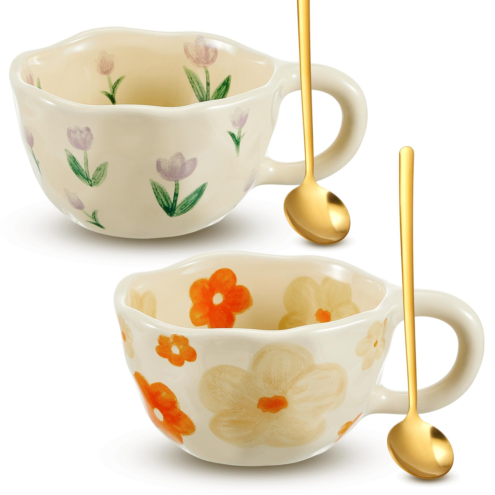 Vesici 2 Pcs Ceramic Coffee Mugs Flower Mugs with Spoon Vintage Floral Mugs with Handle 8.5 oz Cute Aesthetic Tea Porcelain Cup Gift for Valentine Office Home, Dishwasher and Microwave Safe(Charming) | Amazon (US)