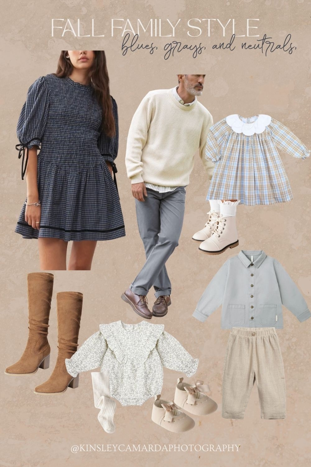 Some inspiration for your next fall photoshoot! 

Blues, grays, and neutrals fall family photoshoot outfits.

Outfit inspiration board for family photos. 