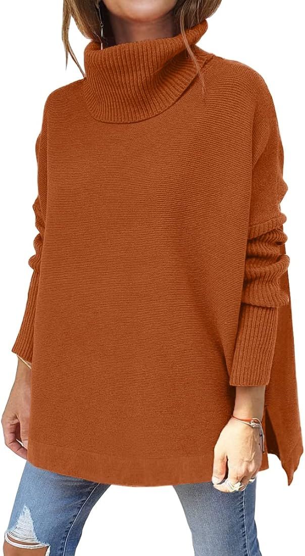 Women's Turtleneck Oversized Sweaters 2023 Fall Long Batwing Sleeve Spilt Hem Tunic Pullover Swea... | Amazon (US)