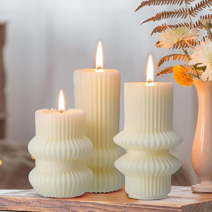 MTLEE 3 Pcs Small Ribbed Pillar Candles Scented Pillar Candle Tall Pillar Candle Soy Wax Aestheti... | Amazon (US)