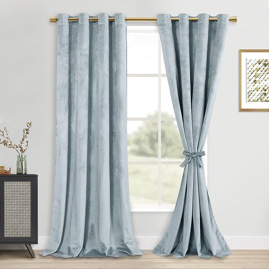 DWCN Stone Blue Velvet Curtains - 84 Inches Long Super Soft Luxury Tieable Window Treatments Room... | Amazon (US)