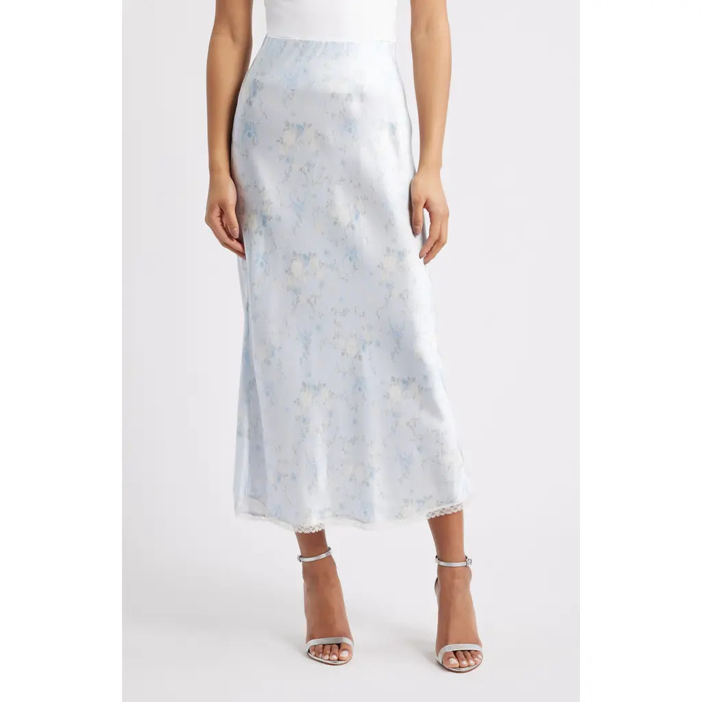 LoveShackFancy Kalo Lace Trim Satin Skirt in Snowdrop Blue at Nordstrom, Size Xx-Small | Nordstrom