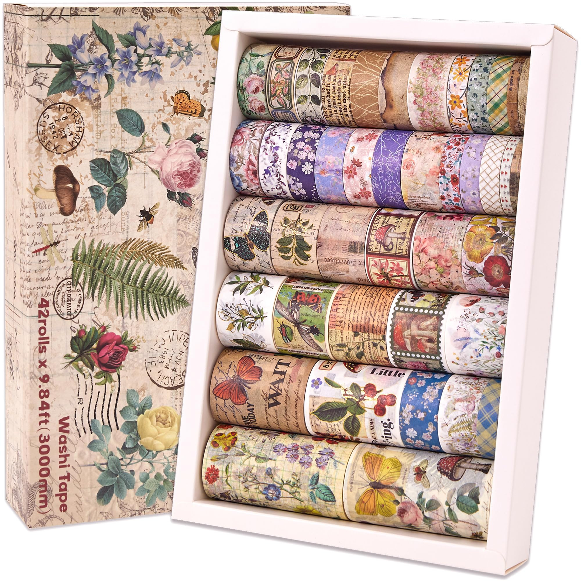 42 Rolls Vintage Washi Tape Set, Floral Letter Butterfly Mushroom Botanical Flower Writable Decor... | Amazon (US)