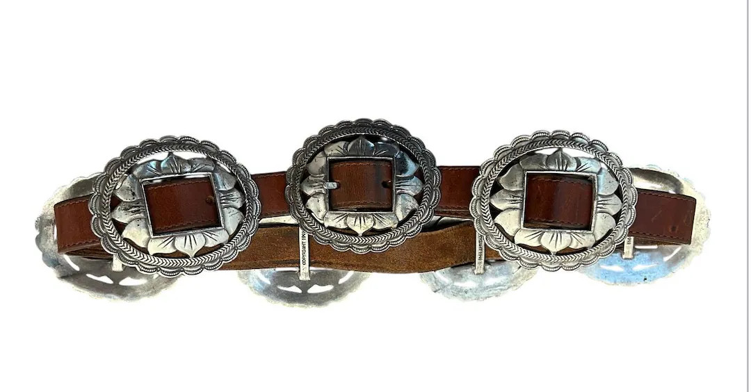 Vintage 1990s 1993 BRIGHTON brown leather & silver tone metal country western conch belt, size XS | Etsy (US)