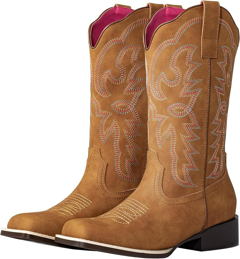 SheSole Women's Fashion Wide Square Toe Western Cowgirl Cowboy Boots Mid Calf | Amazon (US)