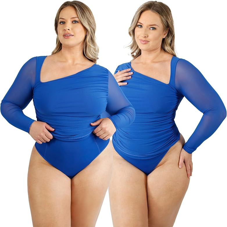 SHAPELLX Long Sleeve Bodysuit Tummy Control Shapewear Built in Bra 2 in 1 Bodysuit Tops Thong Ful... | Amazon (US)