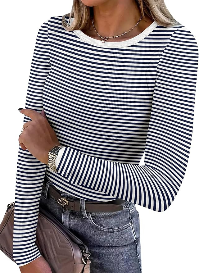 ANRABESS Women Long Sleeve Shirts Rib Knit Slim Fit Tops Basic Tee 2025 Fall Outfits Casual T-Shi... | Amazon (US)