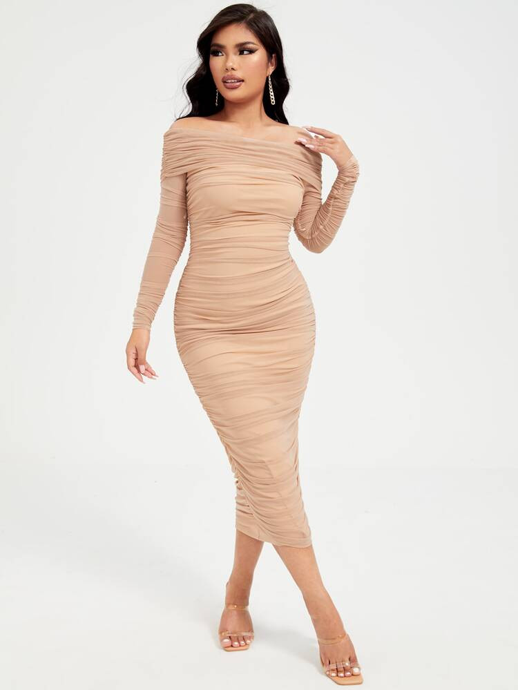 SHEIN SXY Off Shoulder Ruched Mesh Dress | SHEIN