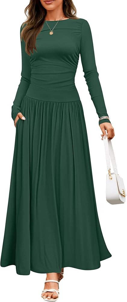 ZESICA Women's Long Sleeve Maxi Dress 2024 Fall Crewneck Knit Casual Slim Swing Pleated Dresses w... | Amazon (US)