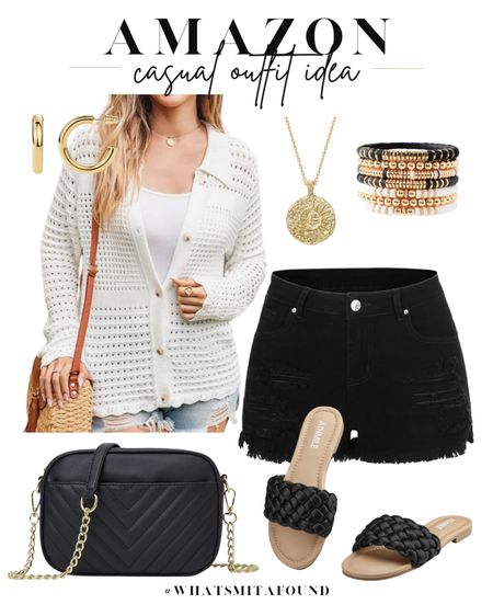 Amazon outfit idea, casual outfit idea, summer outfit idea, open knit cardigan, collared cardigan, summer cardigan, white open knit cardigan, knit cardigan, black denim shorts, high waisted denim shorts, trendy denim shorts, black wash denim shorts, black purse, quilted purse, crossbody purse, woven sandals, slide sandals, black sandals, summer sandals, medallion necklace, coin necklace, gold necklace, beaded bracelets, boho bracelets, gold hoops 

#LTKShoeCrush #LTKItBag #LTKFindsUnder50
