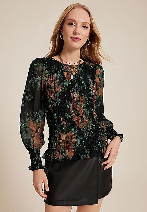 Black Floral Smocked Blouse | Maurices