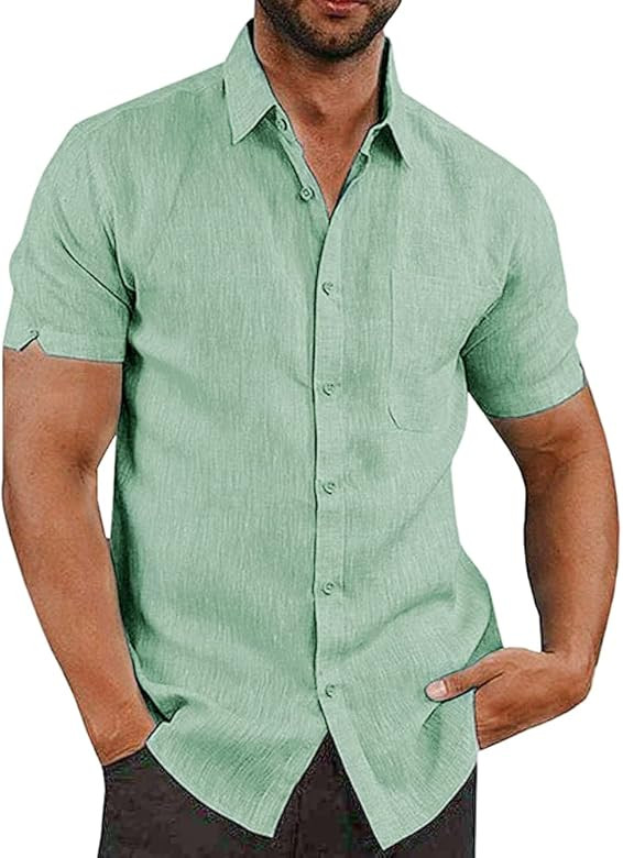 JEKAOYI Button Down Short Sleeve Linen Shirts for Men Summer Casual Cotton Spread Collar Beach Shirt | Amazon (US)