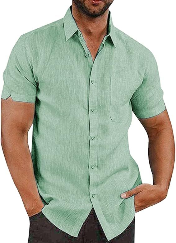 JEKAOYI Button Down Short Sleeve Linen Shirts for Men Summer Casual Cotton Spread Collar Beach Shirt | Amazon (US)