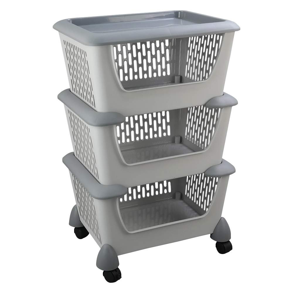 Asking Gray Plastic Kitchen Stackable Storage Basket, 3-Tier Stacking Organizer Basket with Wheel... | Amazon (US)